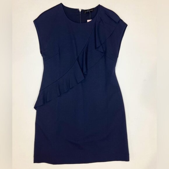 NWT BANANA REPUBLIC Crew Neck Asymmetrical Ruffle Navy Sheath Dress Lined Sz 8P - Picture 10 of 15